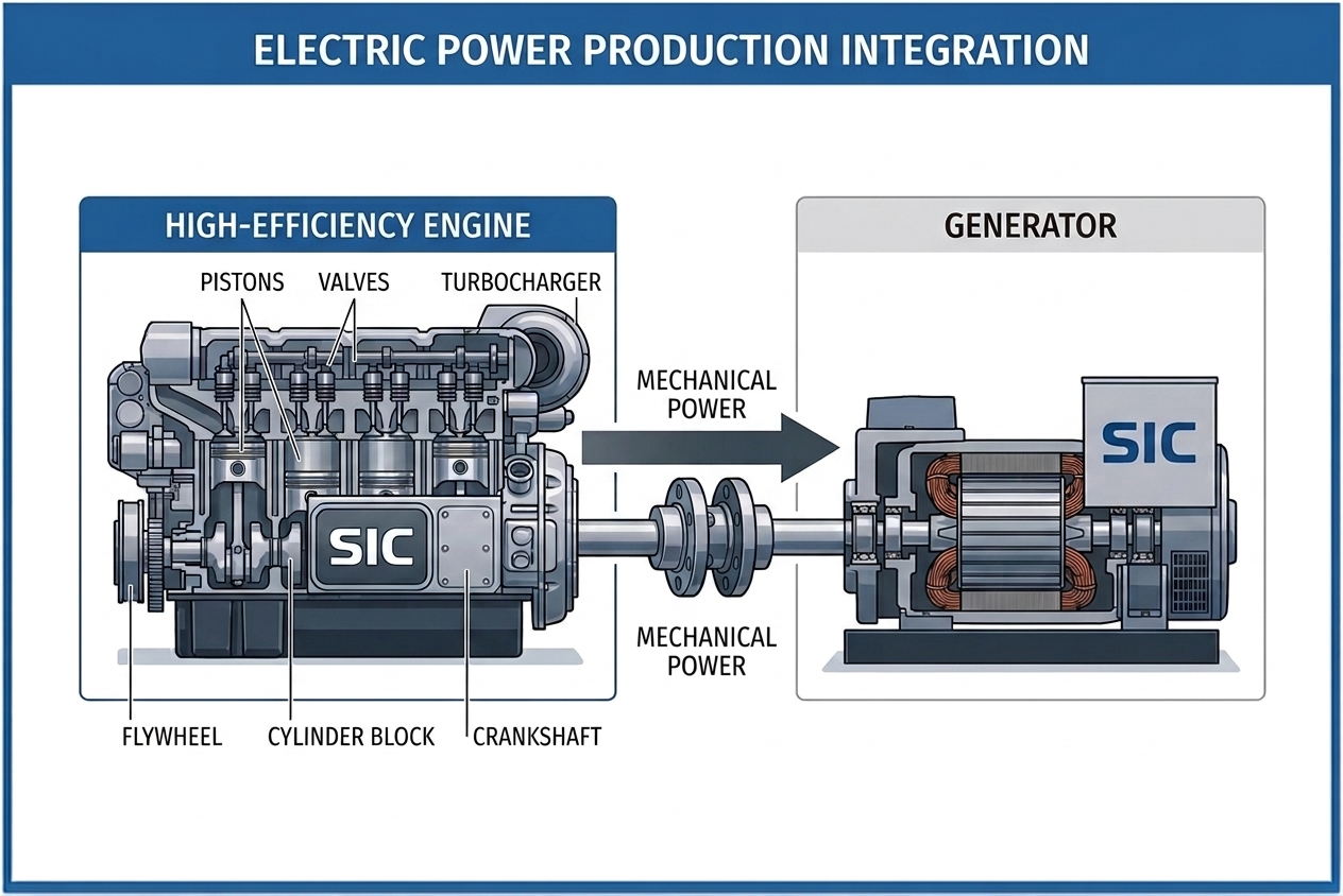 Concept illustration showing an engine mechanically coupled to an electric generator